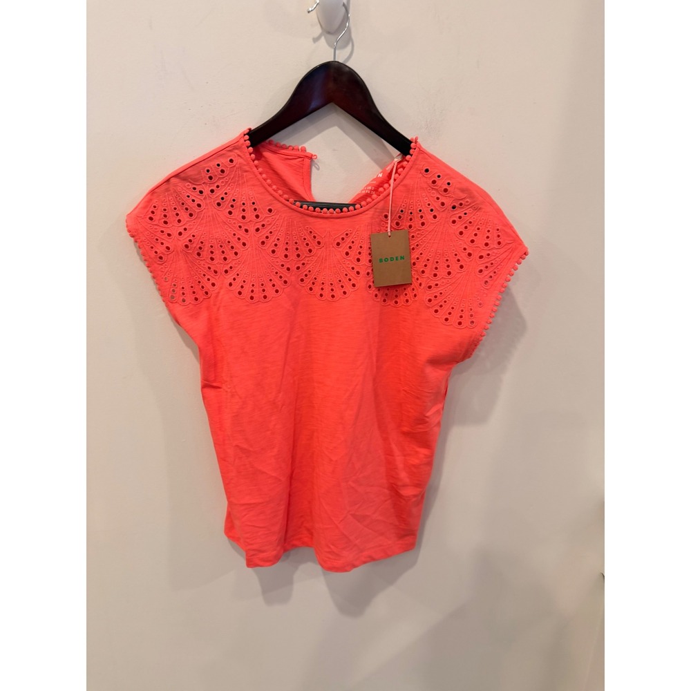 Boden Anya Broderie Tshirt Coral Pink Eyelet Cotton Top T1832 US 2